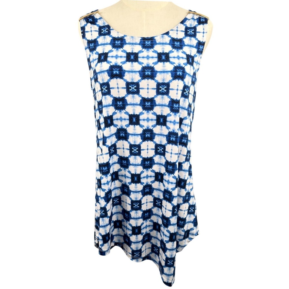 Rafaella S Tunic Blue Gold Shoulder High Low Coastal Boho Chic Resort Shibori